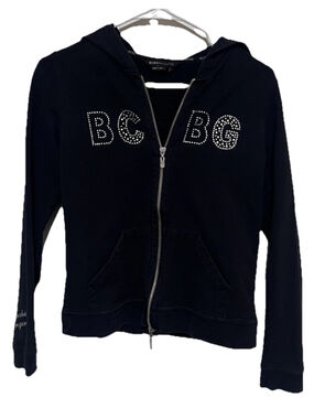 BCBG Max Azria Bling Y2K Jacket Womens Medium Black Silver Zip Hoodie Rhinestone
